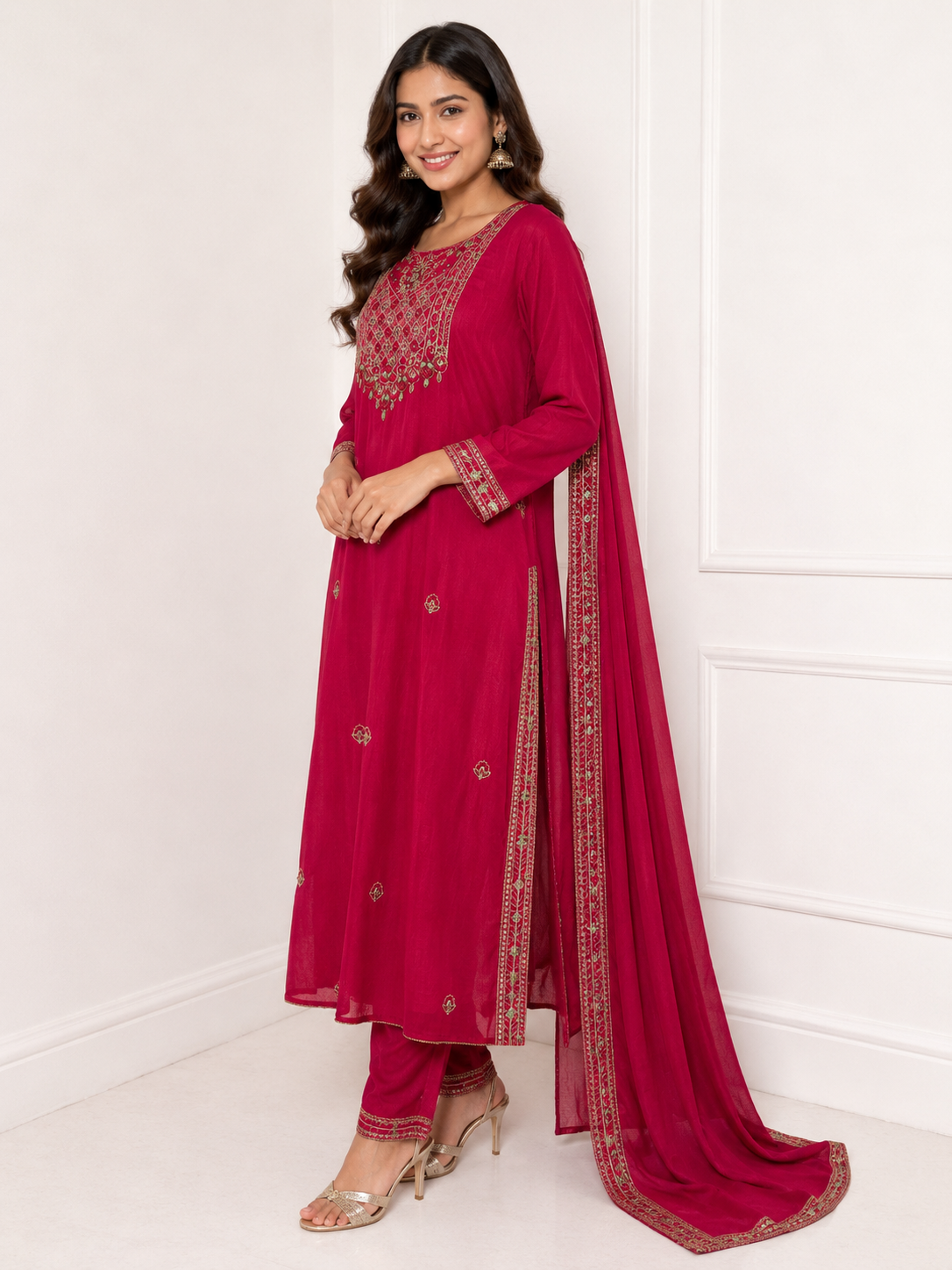 Elegant Rani Pink Embroidered Kurta Set with Dupatta