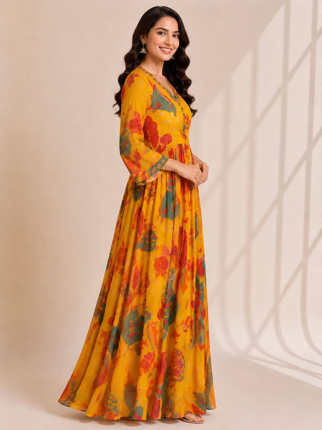 Elegant Yellow Floral Printed Maxi Dress for Women - Image 2