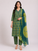 Elegant Green Printed Kurta Pant Set with Tie-Dye Dupatta