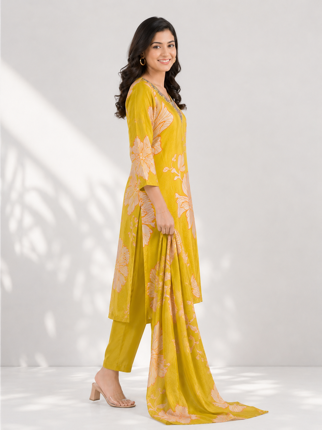 Elegant Mustard Yellow Floral Printed Kurta Set with Dupatta - Image 2