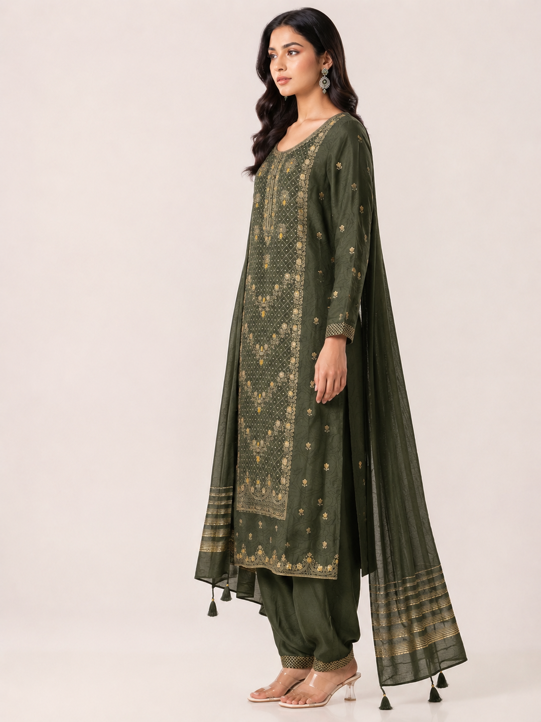 Elegant Olive Green Embroidered Kurta Set with Dupatta - Image 2