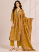 Elegant Mustard Floral Printed Suit Set with Dupatta