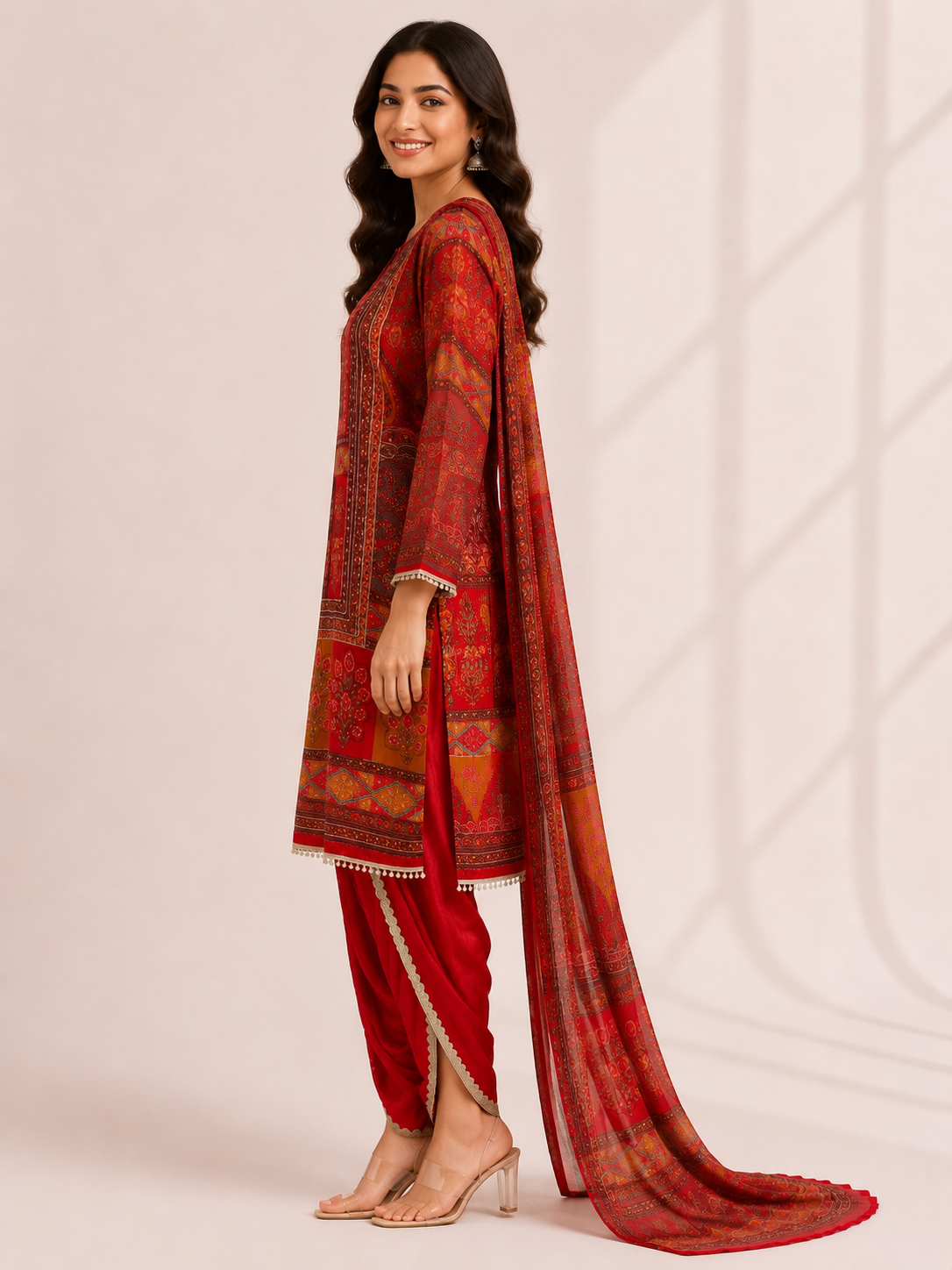 Elegant Red Printed Ethnic Suit Set with Dupatta - Image 3