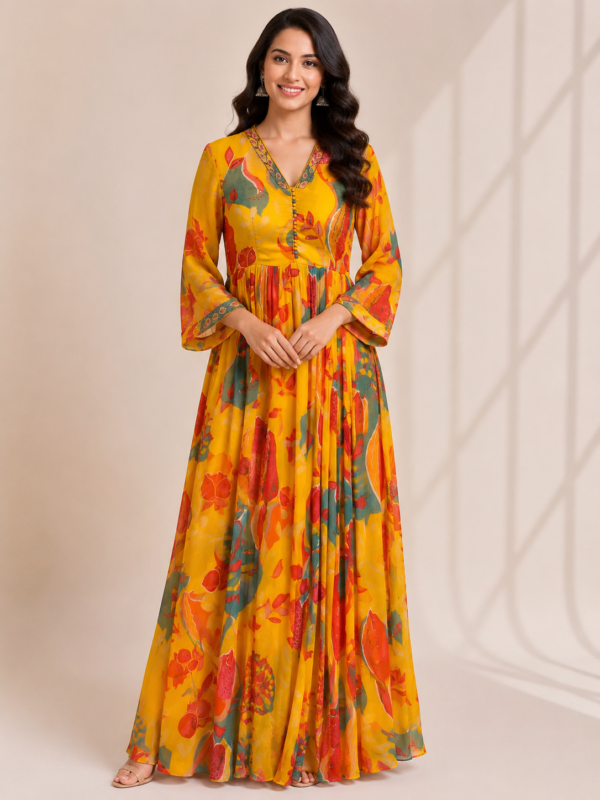 Elegant Yellow Floral Printed Maxi Dress for Women
