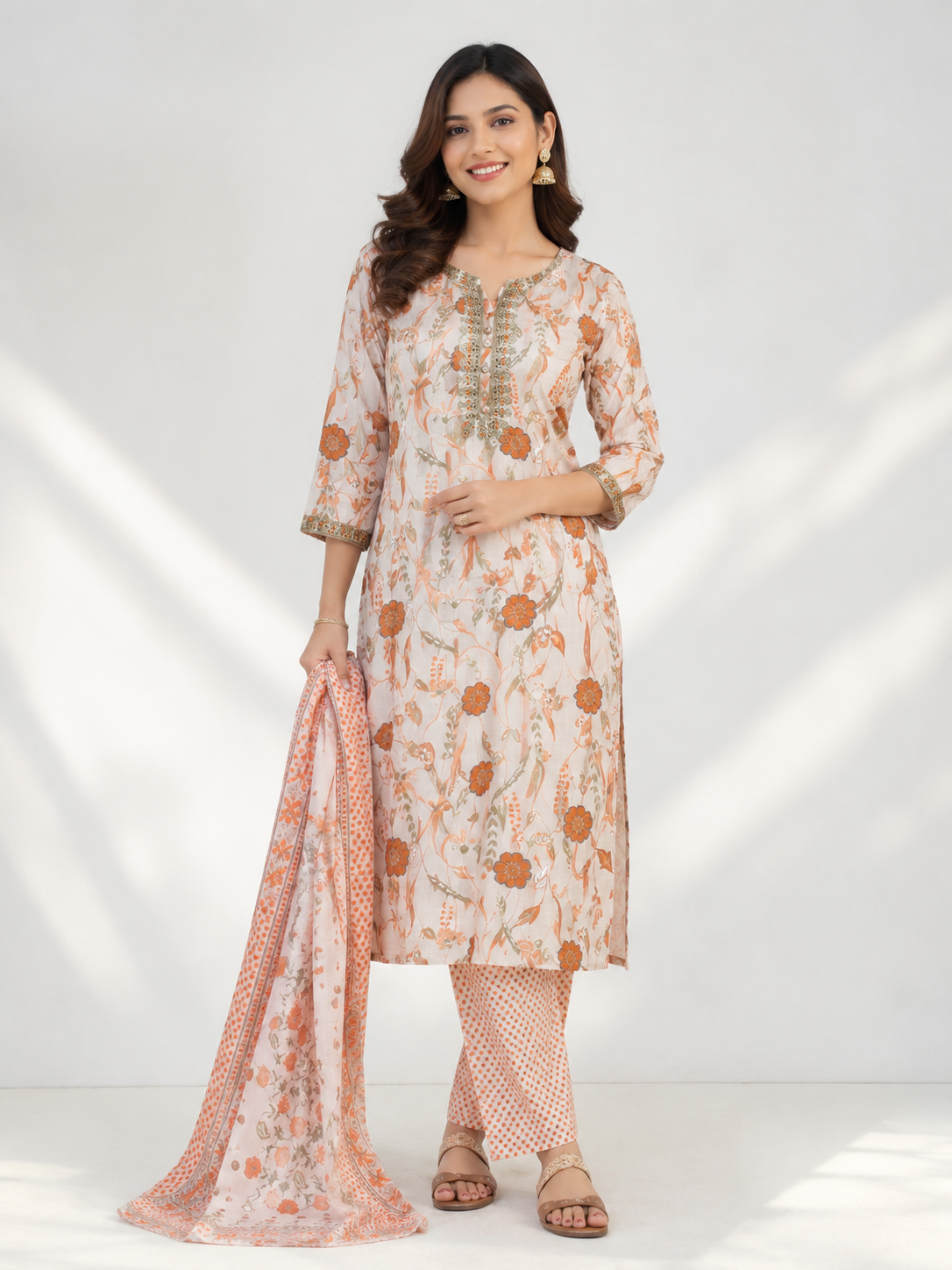 Elegant Peach Floral Printed Kurta Set with Dupatta