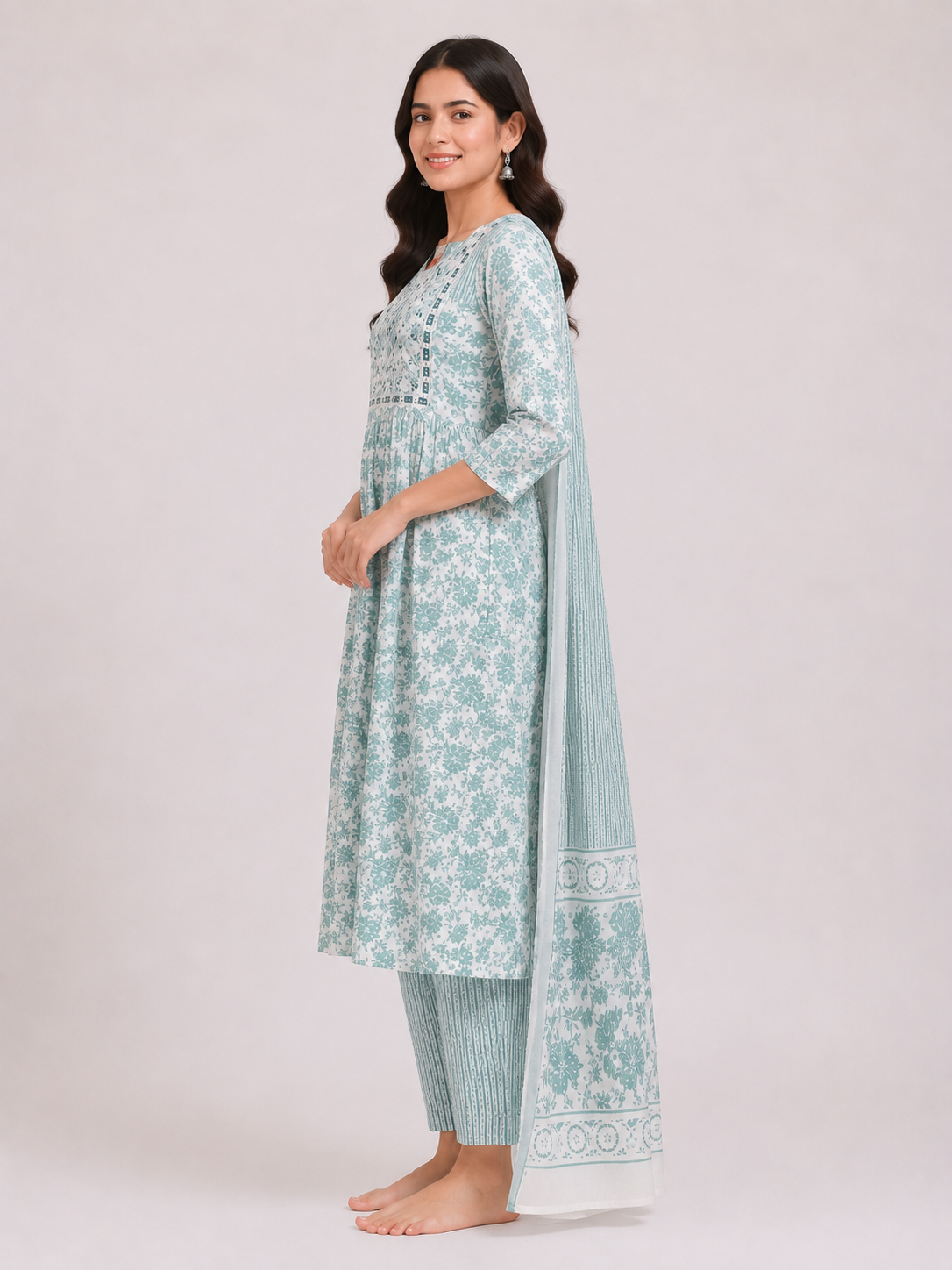 Elegant Mint Green Floral Kurta Set with Printed Dupatta - Image 3