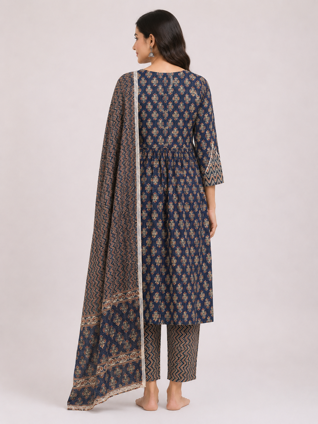 Elegant Navy Blue Printed Kurta Set with Designer Dupatta - Image 4