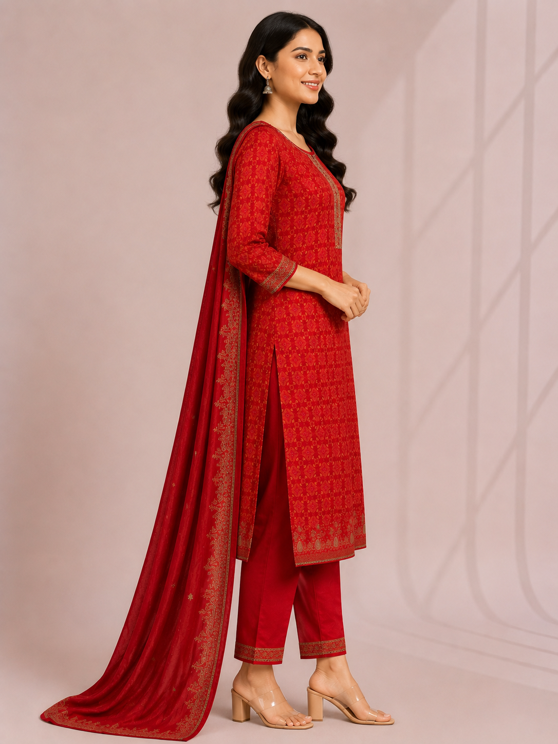 Elegant Red Embroidered Ethnic Suit Set with Dupatta - Image 2