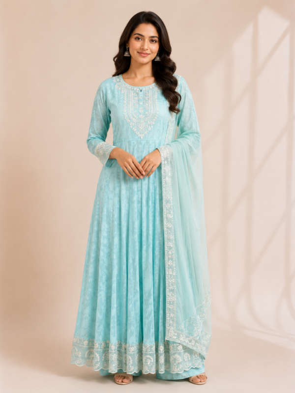 Elegant Sky Blue Embroidered Anarkali Suit Set with Dupatta