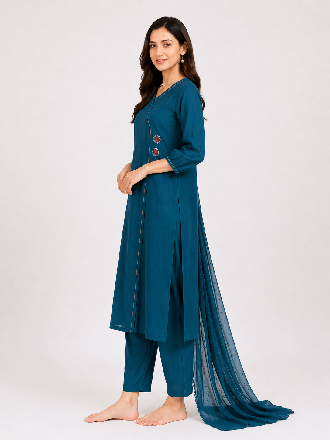 Elegant Teal Blue Straight Kurta Set with Dupatta - Image 3