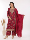 Elegant Floral Printed Maroon Kurta Set with Dupatta