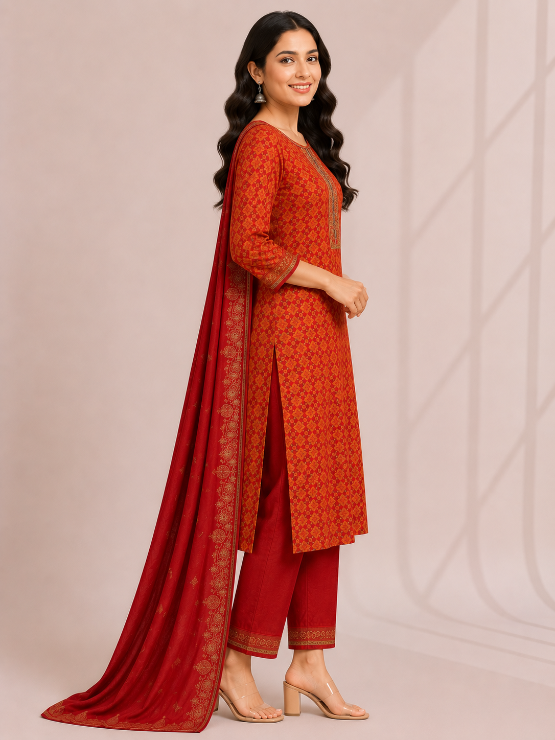 Elegant Red Printed Ethnic Suit Set with Dupatta - Image 2