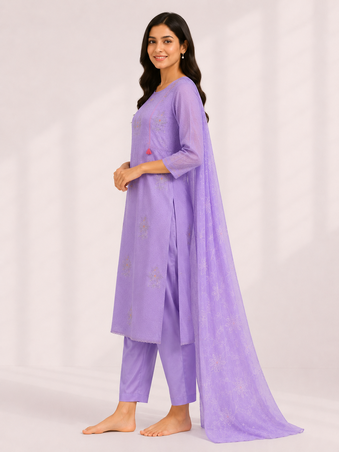 Elegant Lavender Embroidered Suit Set with Dupatta - Image 2