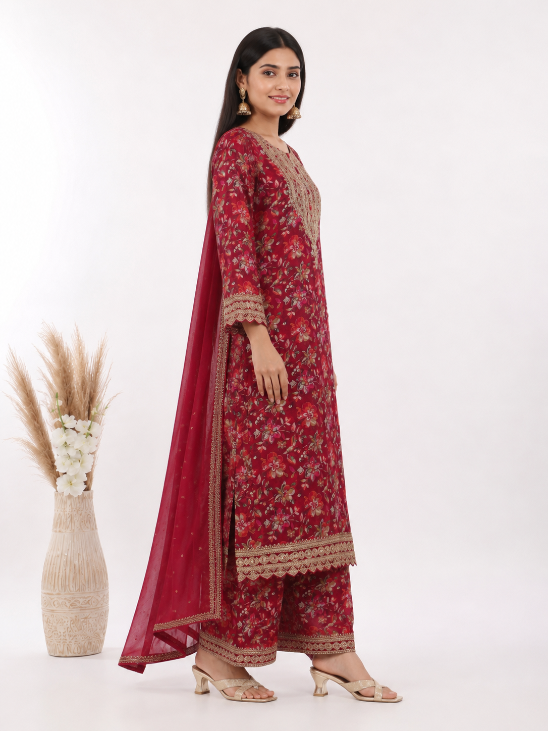 Elegant Floral Printed Maroon Kurta Set with Dupatta - Image 4