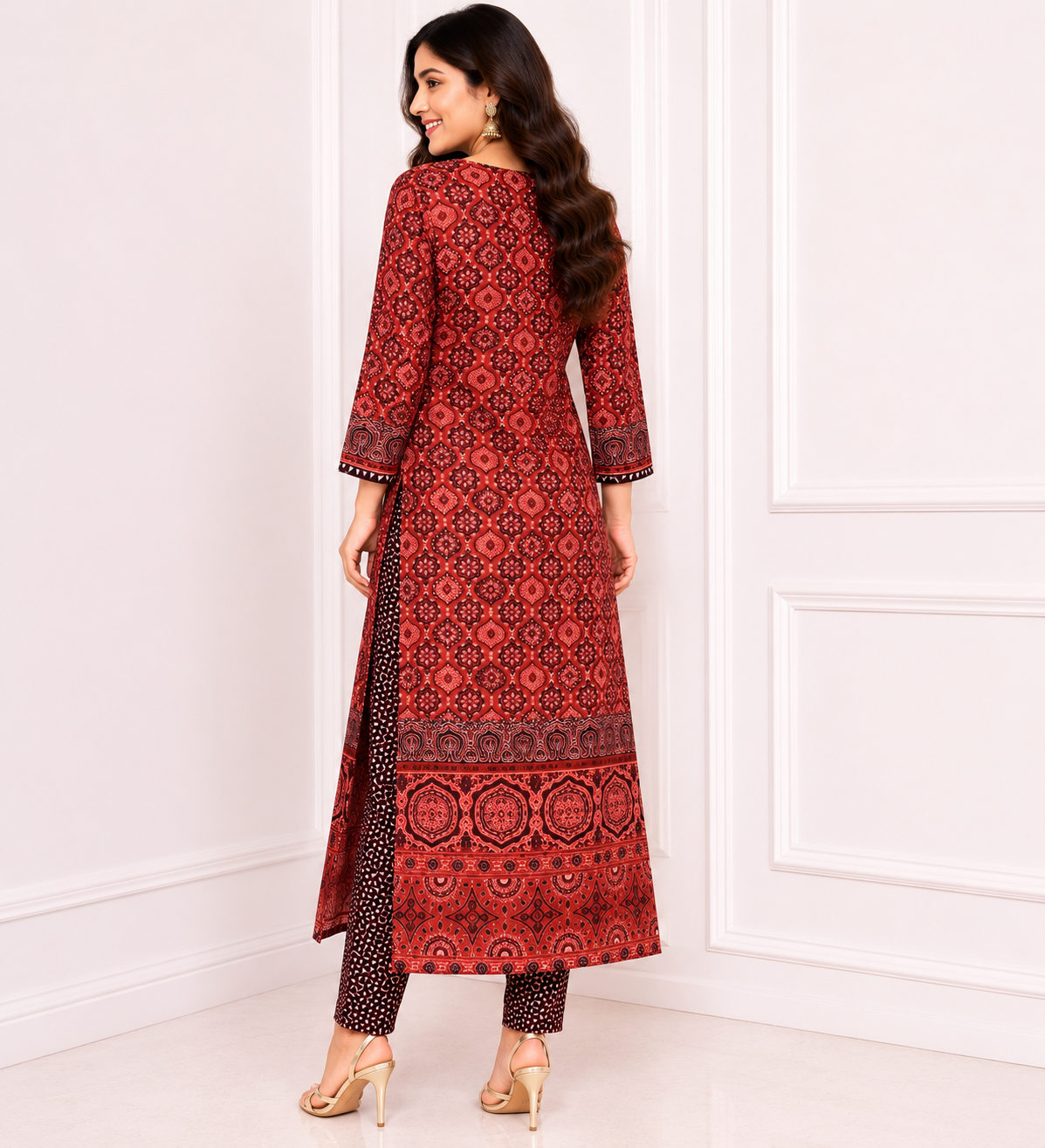 Elegant Rust Red Printed Kurta Set - Image 3