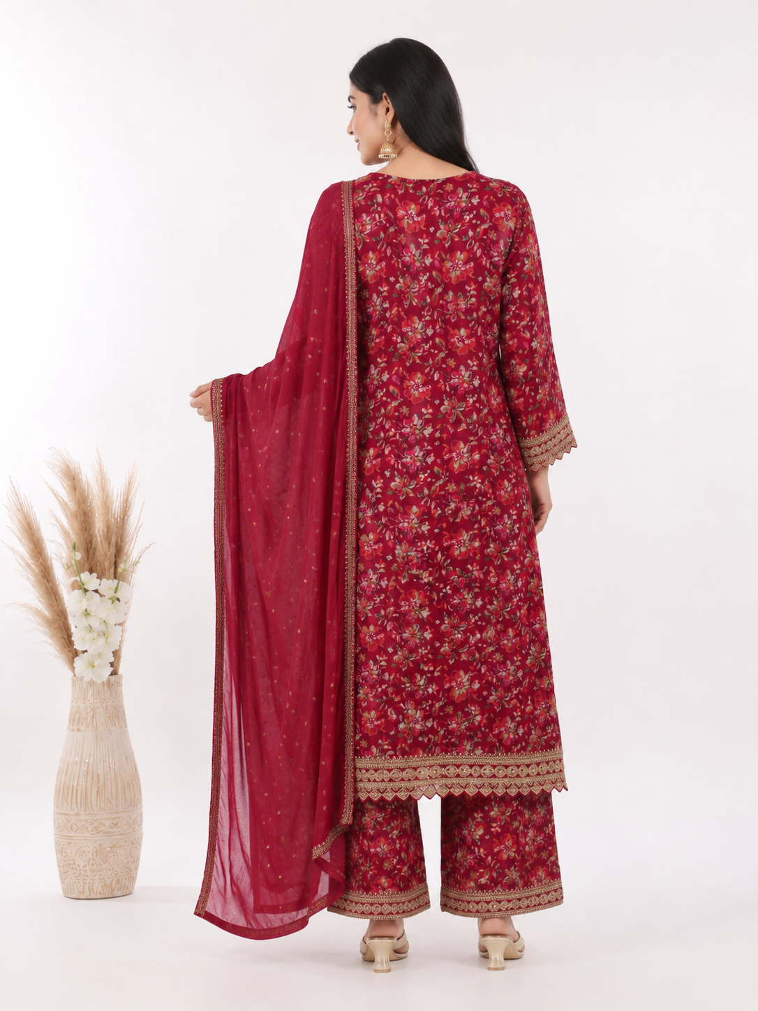 Elegant Floral Printed Maroon Kurta Set with Dupatta - Image 2