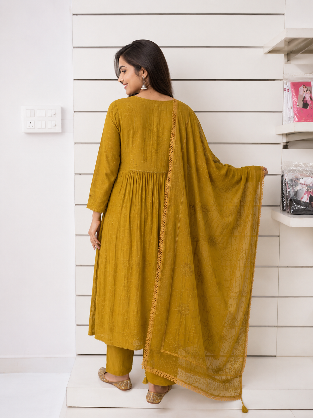 Elegant Mustard Embroidered Kurta Set with Dupatta - Image 3