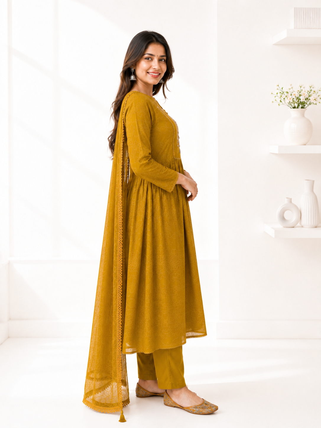 Elegant Mustard Embroidered Kurta Set with Dupatta - Image 4