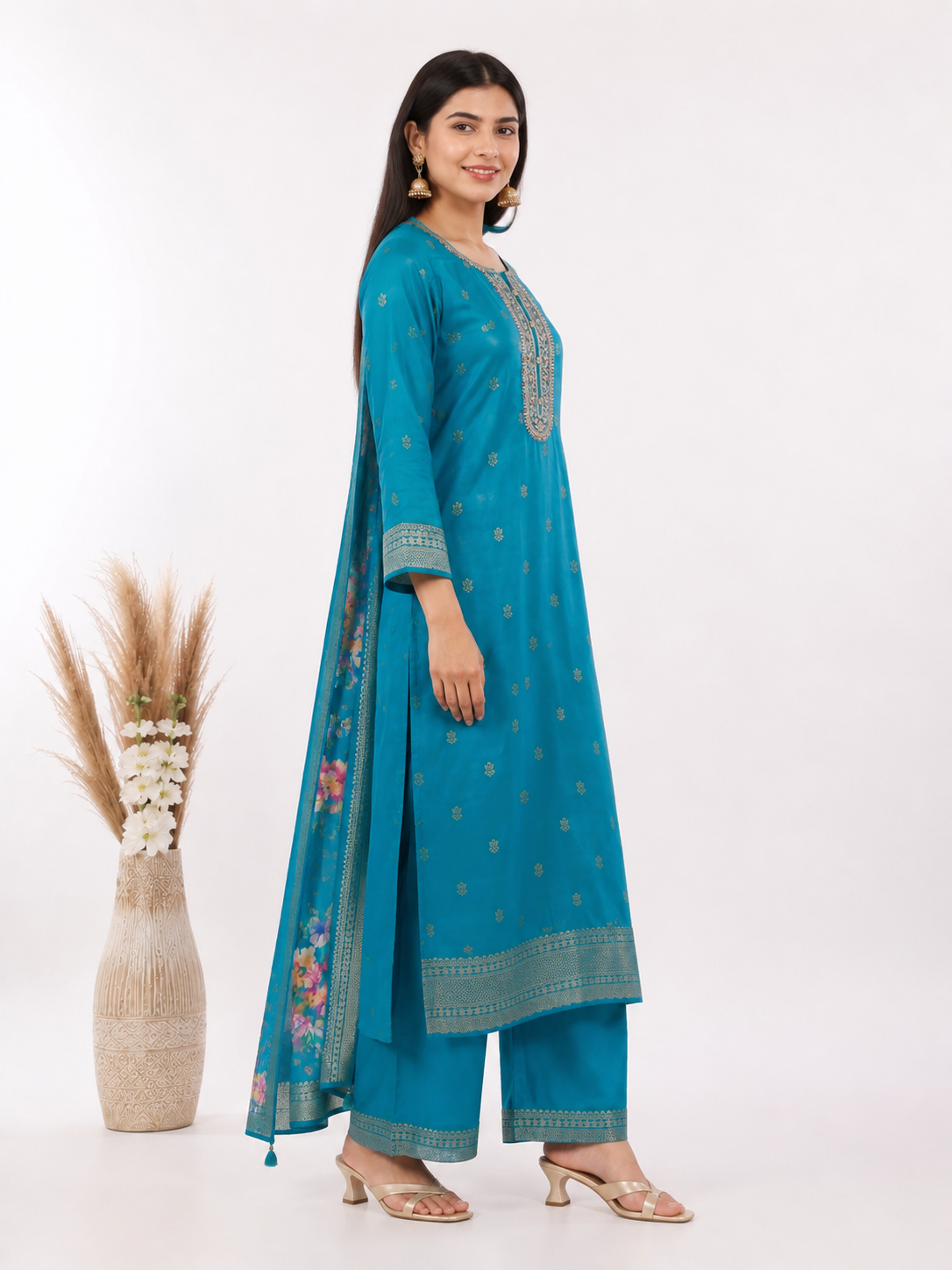 Elegant Olive Green Embroidered Kurta Set with Dupatta - Image 2