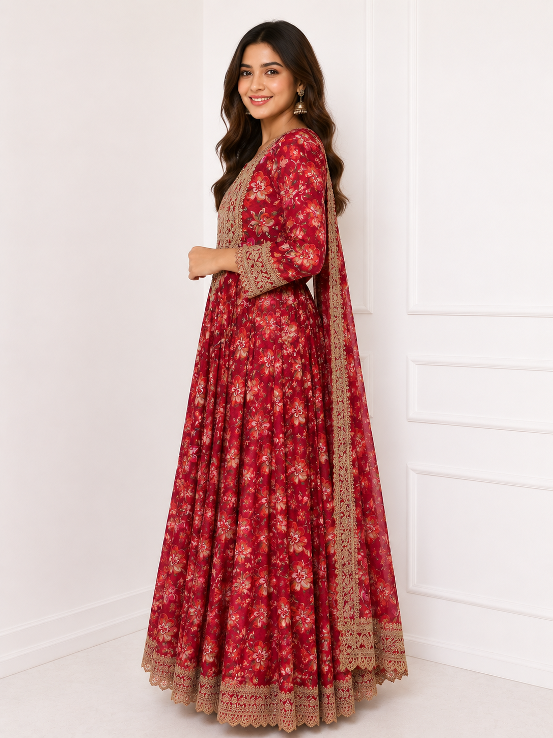 Elegant Red Floral Anarkali Suit with Dupatta - Image 3