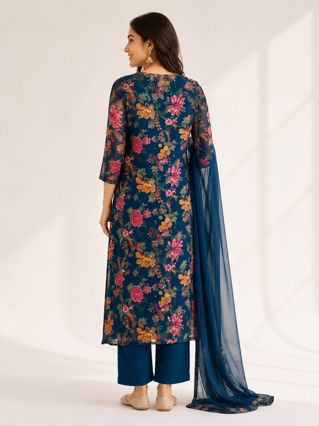 Elegant Navy Blue Floral Printed Suit Set with Dupatta - Image 4