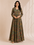 Elegant Green Floral Printed Maxi Dress for Women