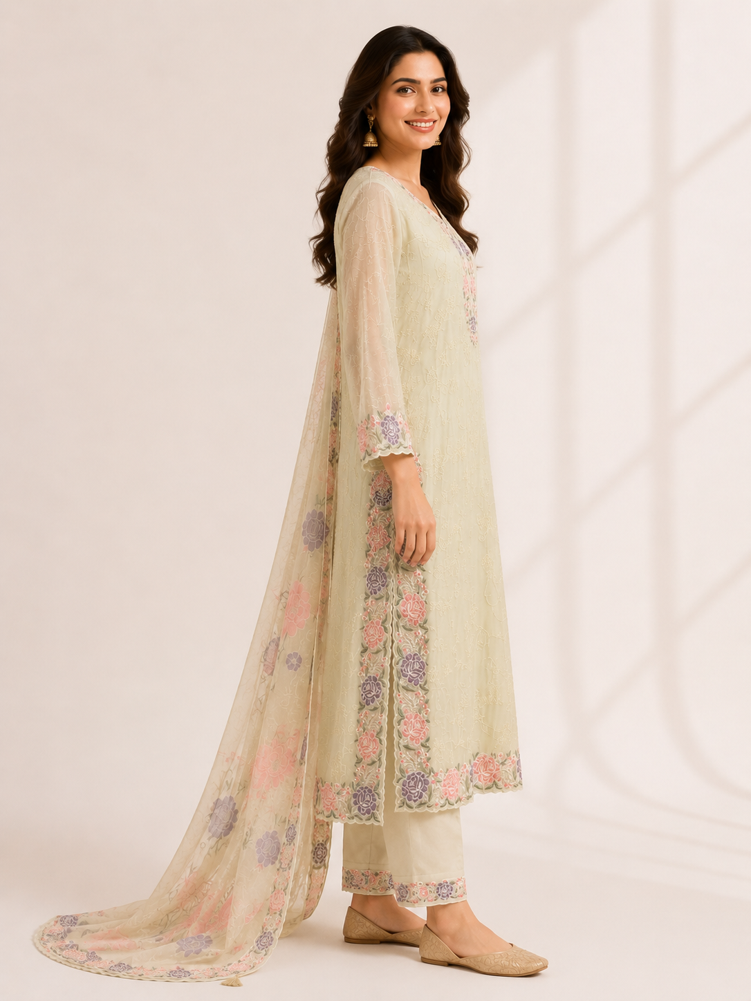 Elegant Cream Floral Embroidered Suit Set with Dupatta - Image 2