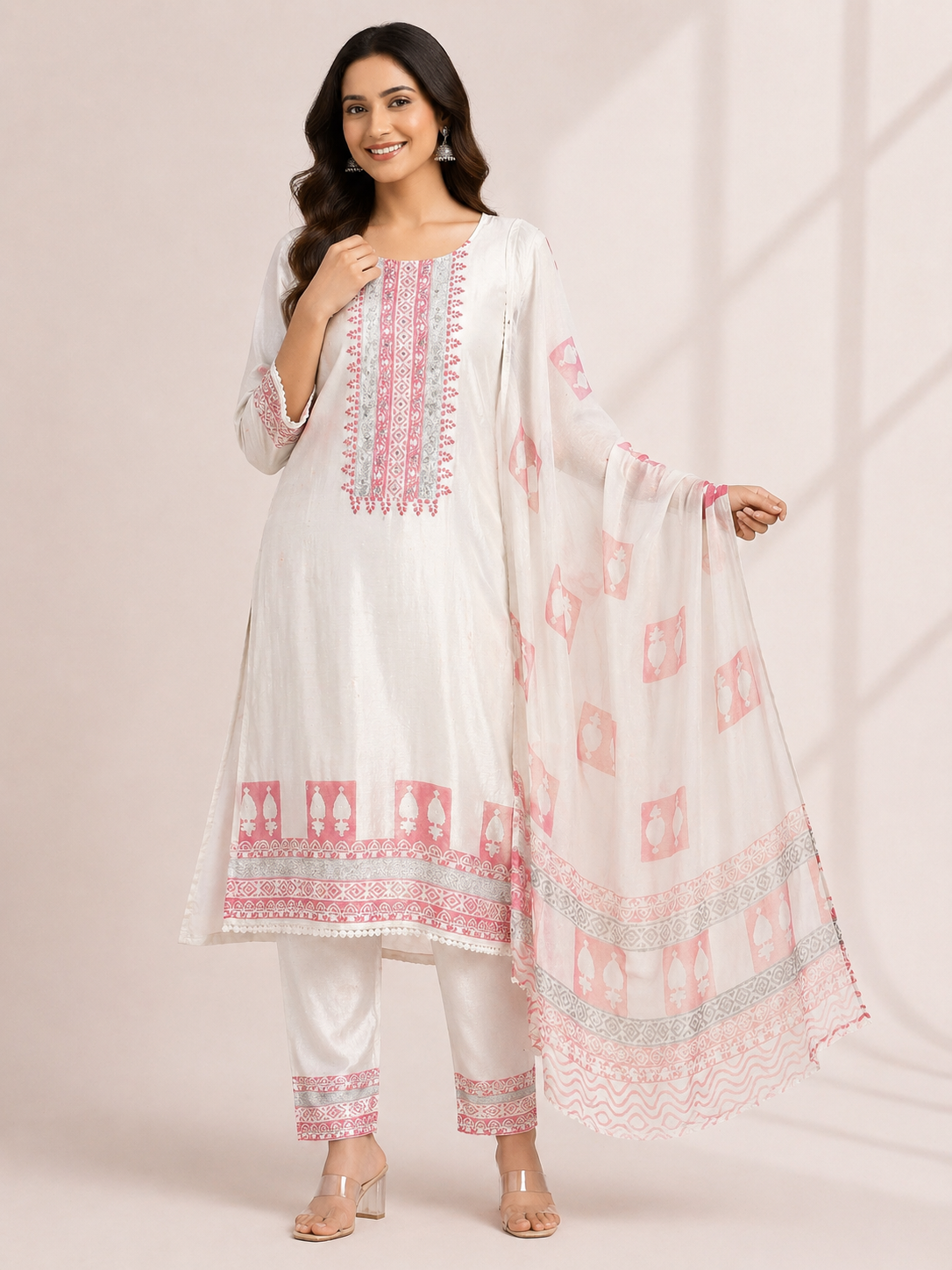 Elegant White & Pink Printed Suit Set with Dupatta