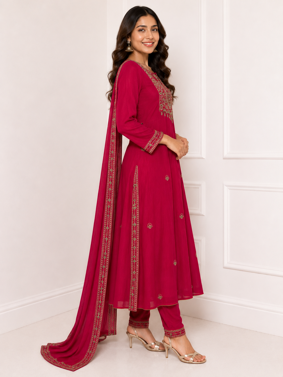 Elegant Rani Pink Embroidered Kurta Set with Dupatta - Image 2