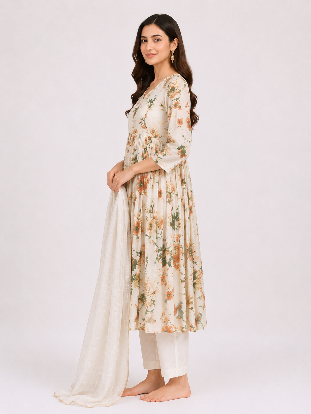 Elegant Cream Floral Anarkali Kurta Set with Dupatta - Image 3