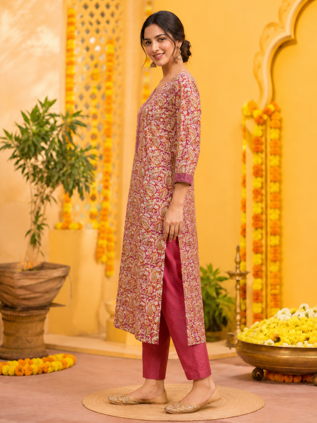 Elegant Printed Pink Kurta Pant Set - Image 2
