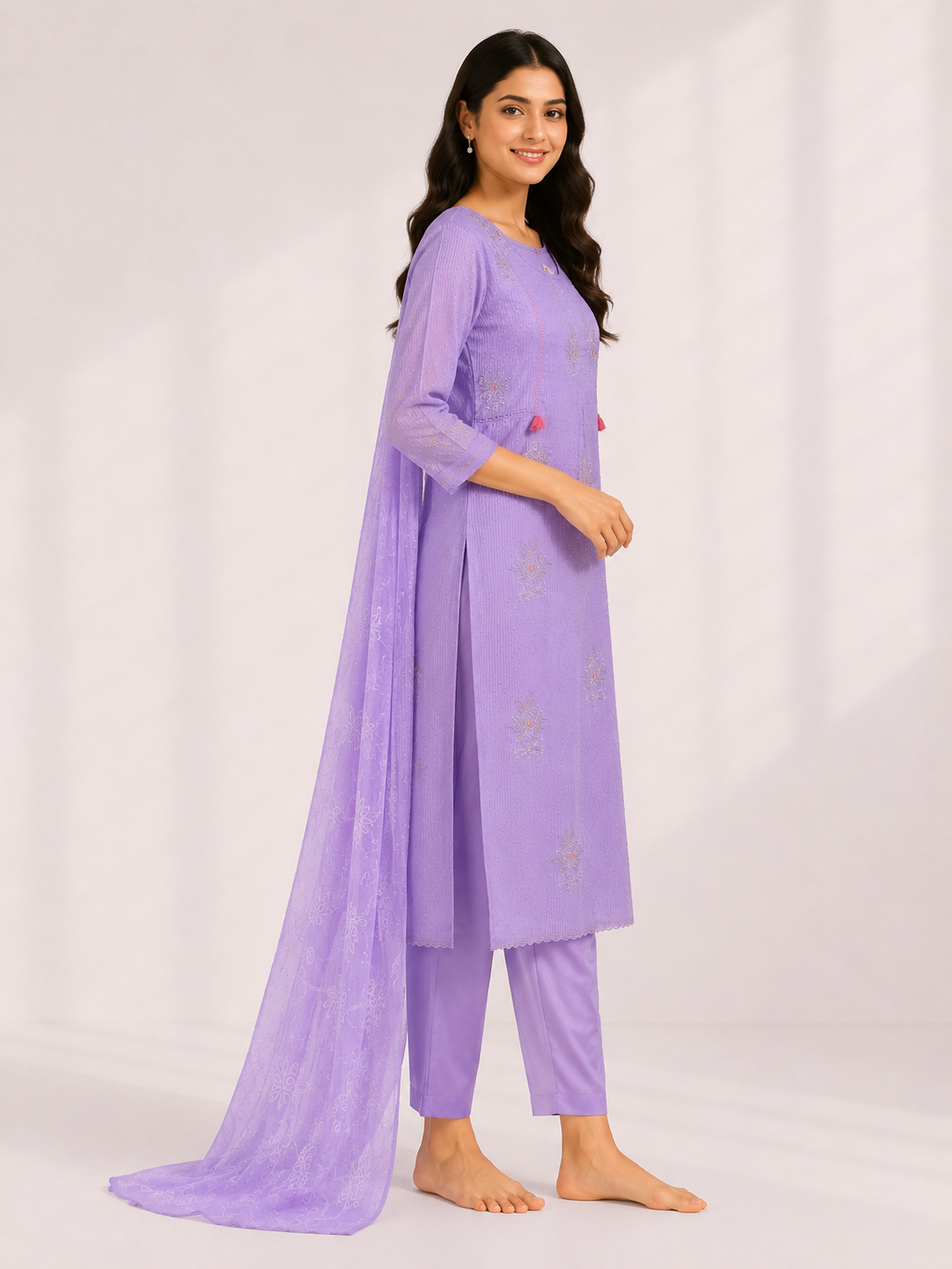 Elegant Lavender Embroidered Suit Set with Dupatta - Image 3