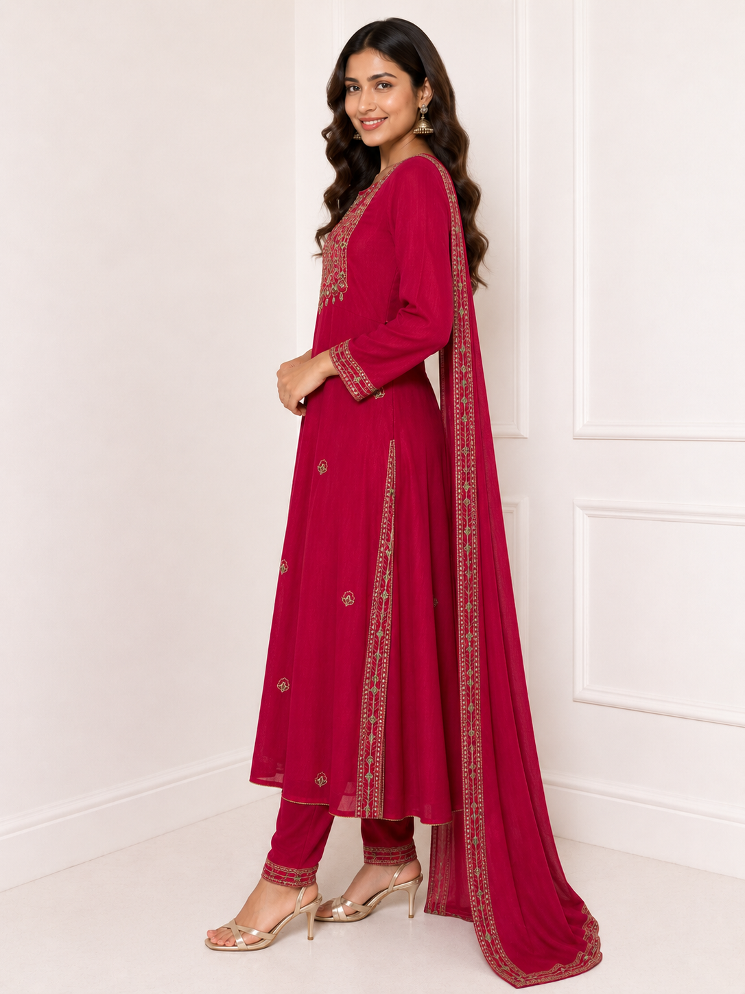Elegant Rani Pink Embroidered Kurta Set with Dupatta - Image 3