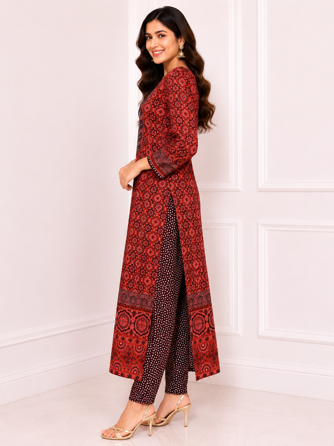 Elegant Rust Red Printed Kurta Set - Image 2