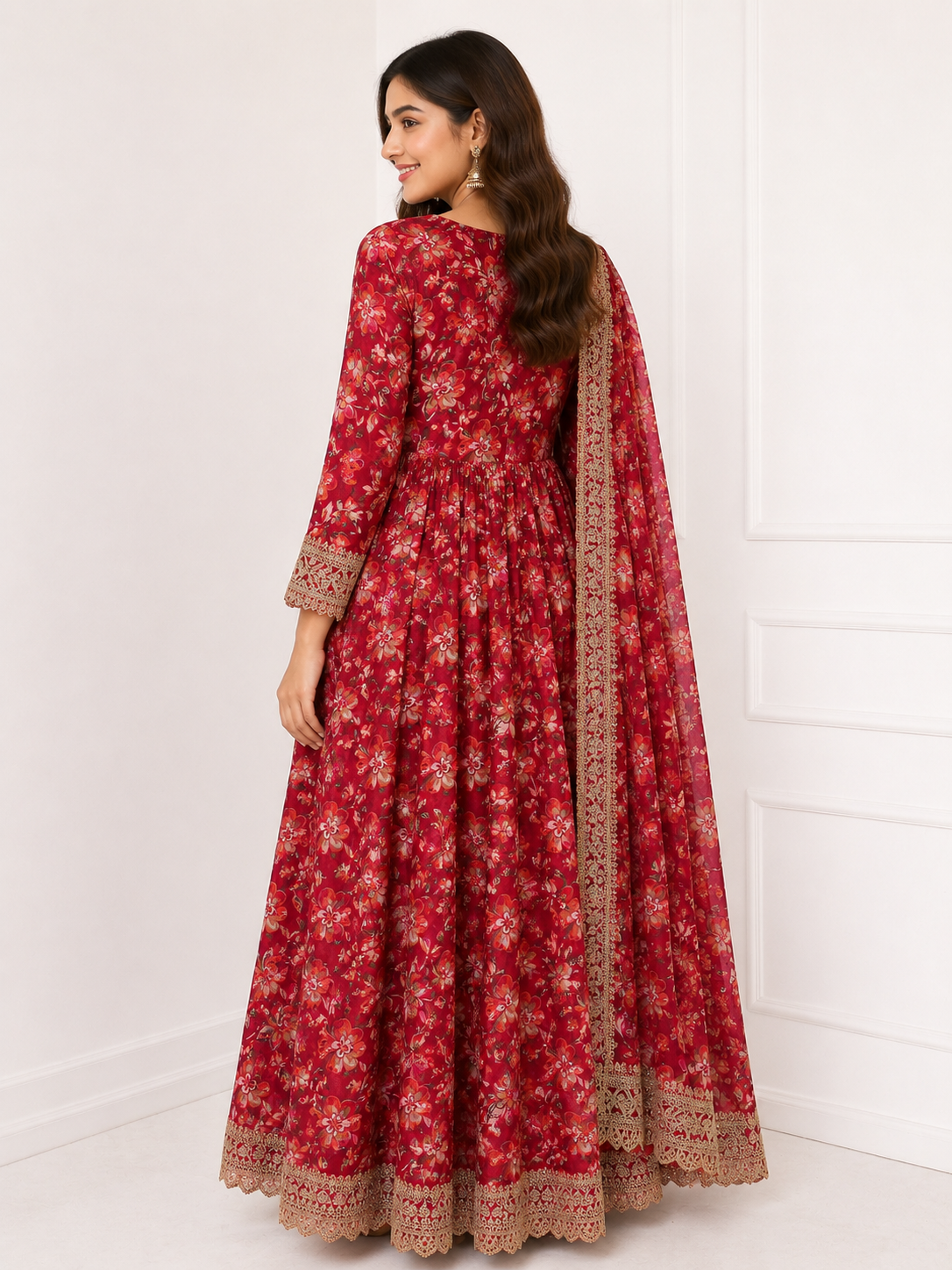 Elegant Red Floral Anarkali Suit with Dupatta - Image 4