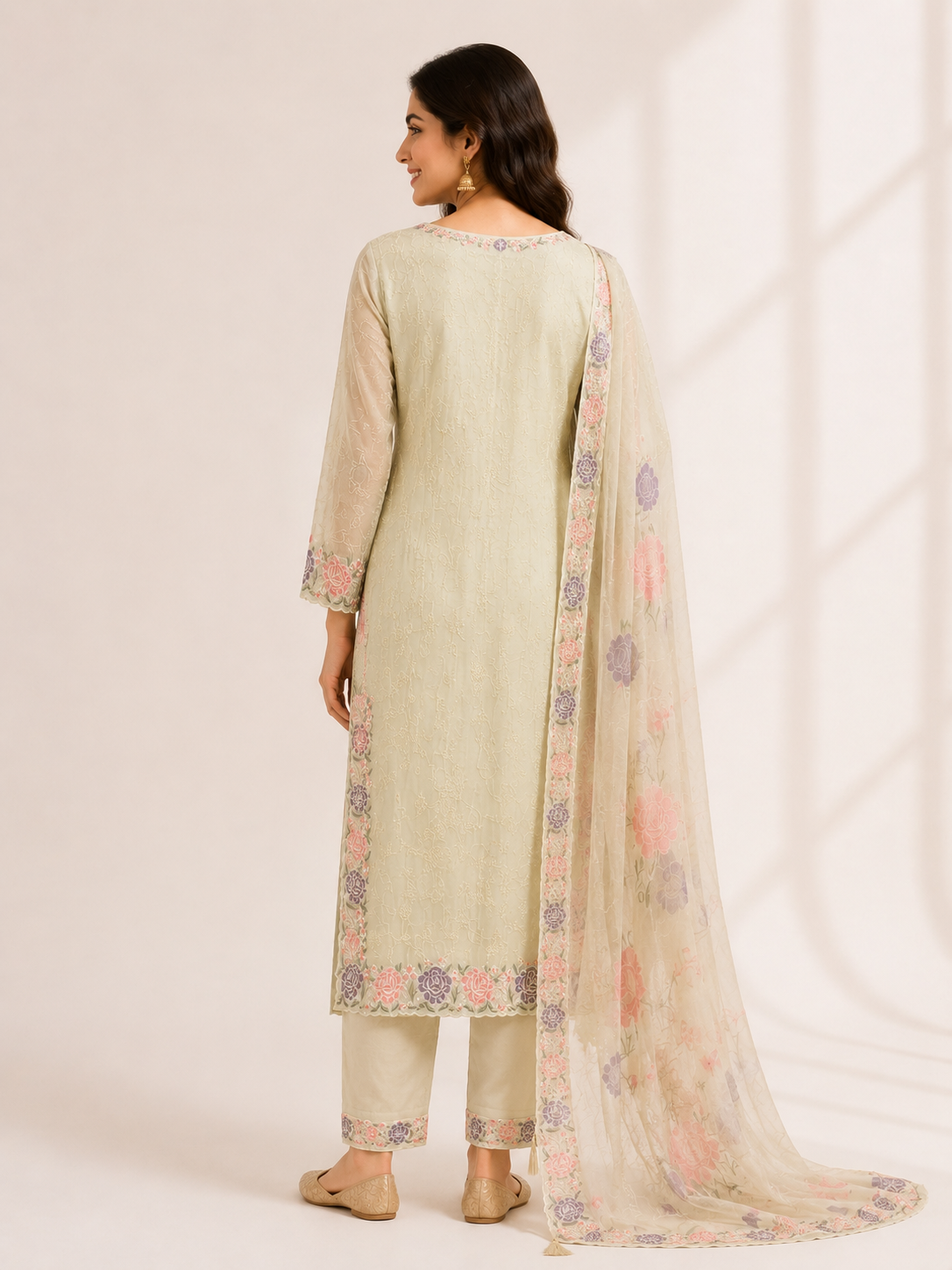 Elegant Cream Floral Embroidered Suit Set with Dupatta - Image 4