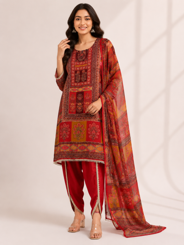 Elegant Red Printed Ethnic Suit Set with Dupatta