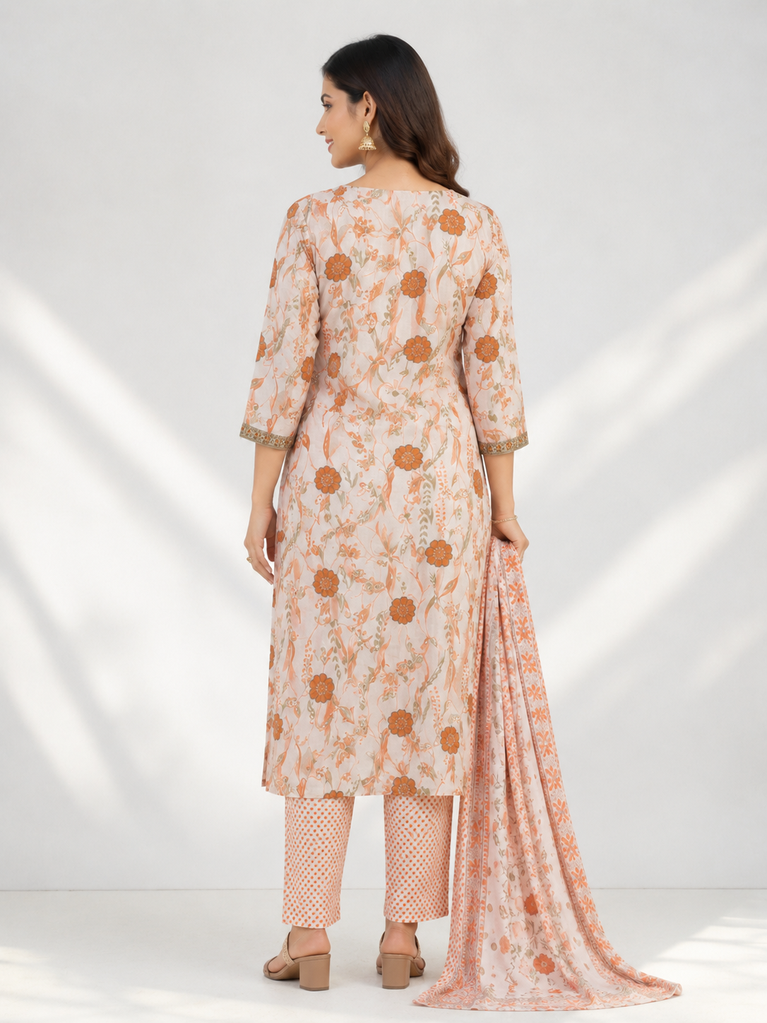 Elegant Peach Floral Printed Kurta Set with Dupatta - Image 4
