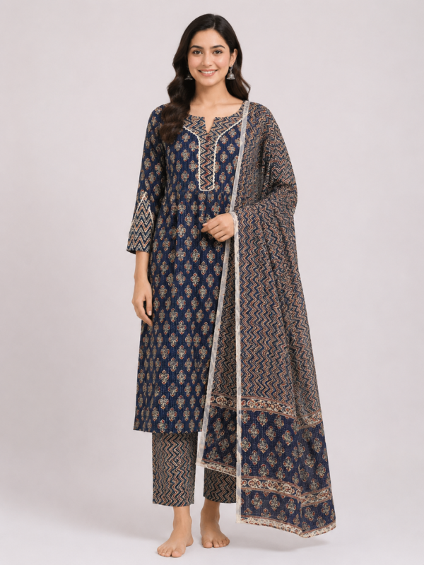 Elegant Navy Blue Printed Kurta Set with Designer Dupatta