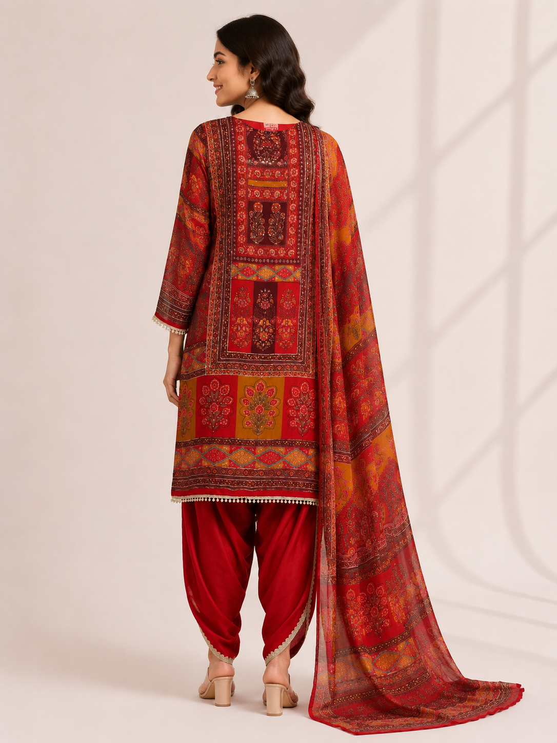 Elegant Red Printed Ethnic Suit Set with Dupatta - Image 4