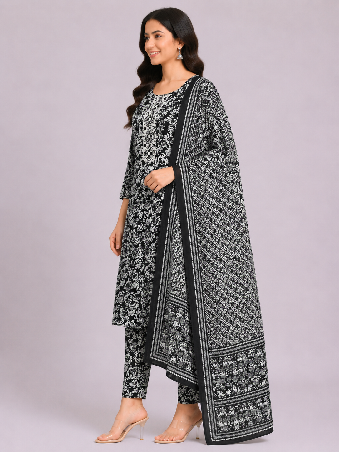 Elegant Black & White Printed Kurta Pant Set with Dupatta - Image 2