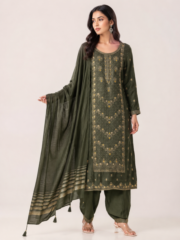 Elegant Olive Green Embroidered Kurta Set with Dupatta