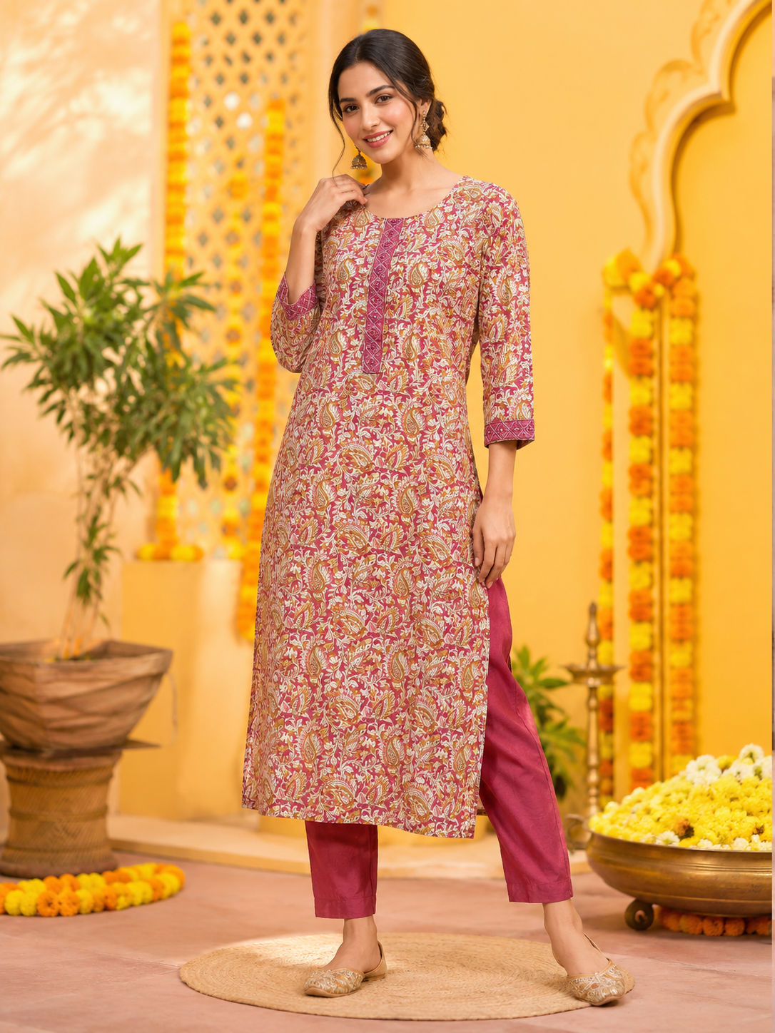 Elegant Printed Pink Kurta Pant Set
