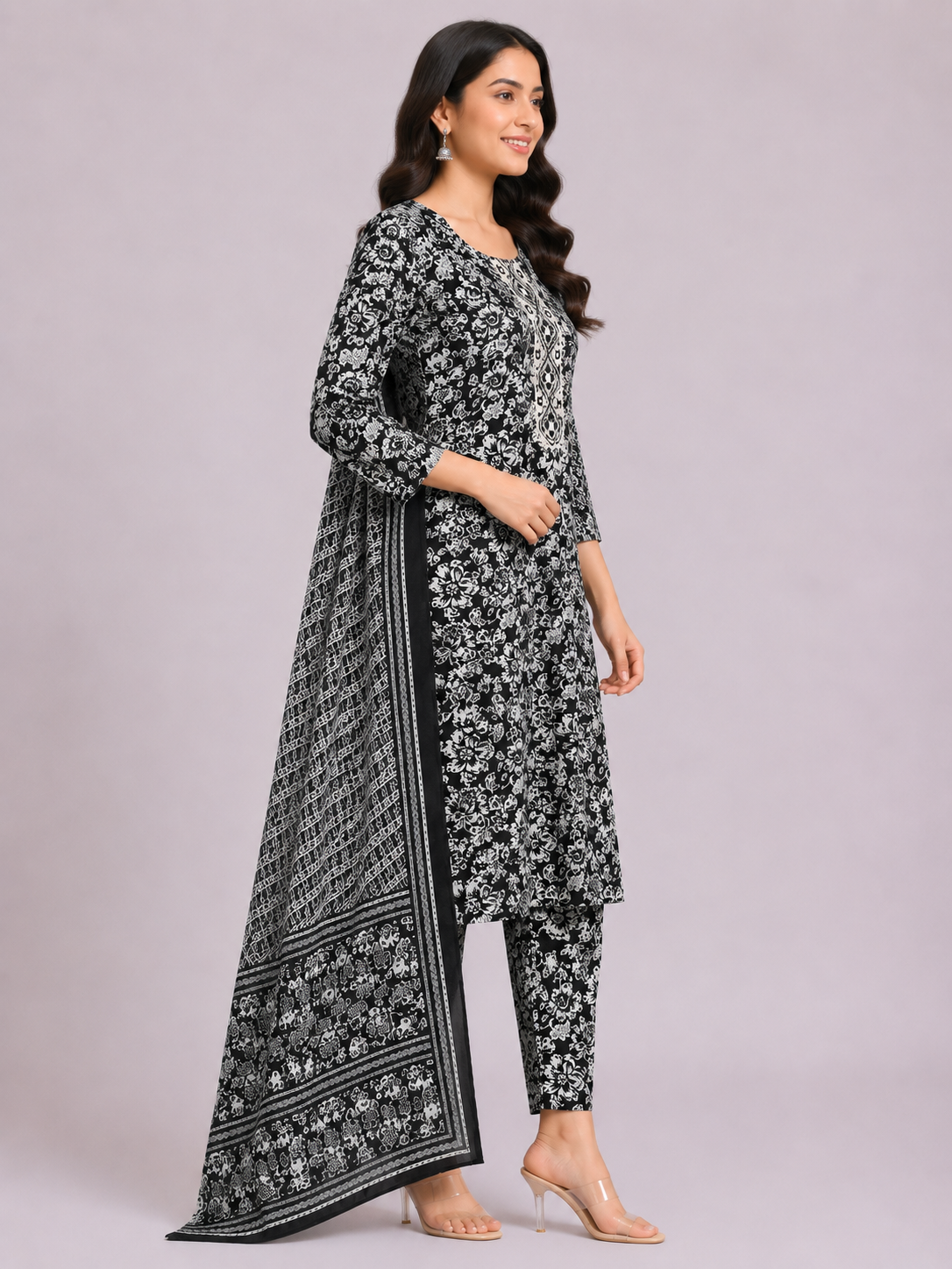 Elegant Black & White Printed Kurta Pant Set with Dupatta - Image 3