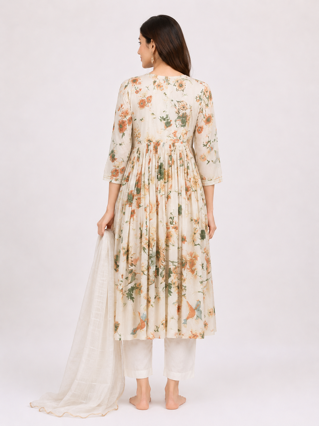 Elegant Cream Floral Anarkali Kurta Set with Dupatta - Image 4