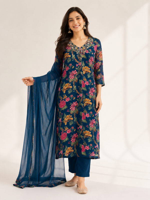 Elegant Navy Blue Floral Printed Suit Set with Dupatta