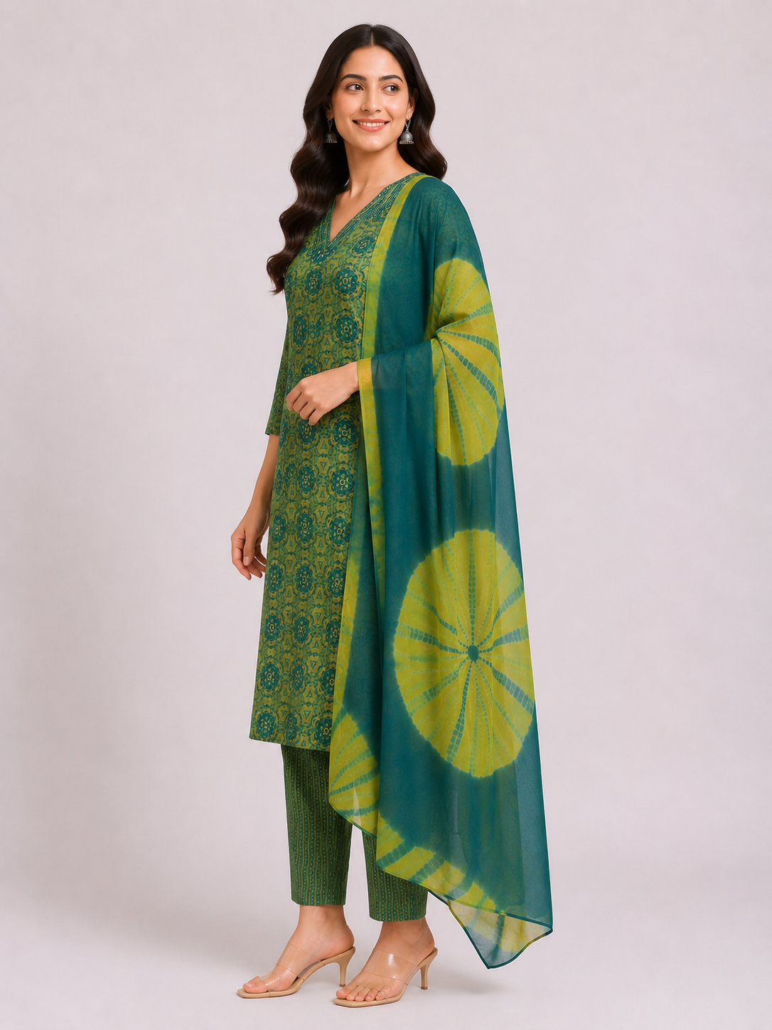 Elegant Green Printed Kurta Pant Set with Tie-Dye Dupatta - Image 3
