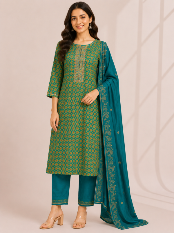 Elegant Teal Green Printed Suit Set with Dupatta