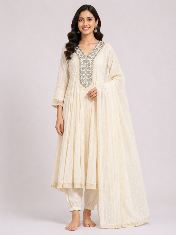 Elegant Off-White Embroidered Anarkali Suit Set with Dupatta